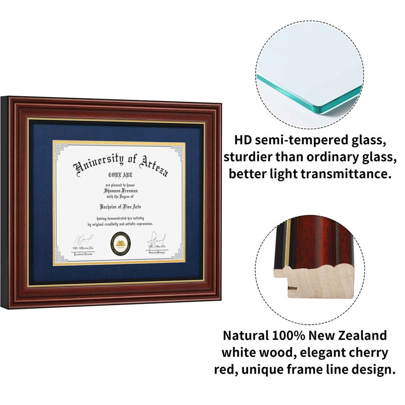 CORE ART 11x14 Diploma Frame Display Certificates 8.5x11 with Navy Mat or Documents 11x14 without Mat, College Degree Wooden Frame with Tempered Glass for Wall and Tabletop Display(Chocolate Brown) - Image 2